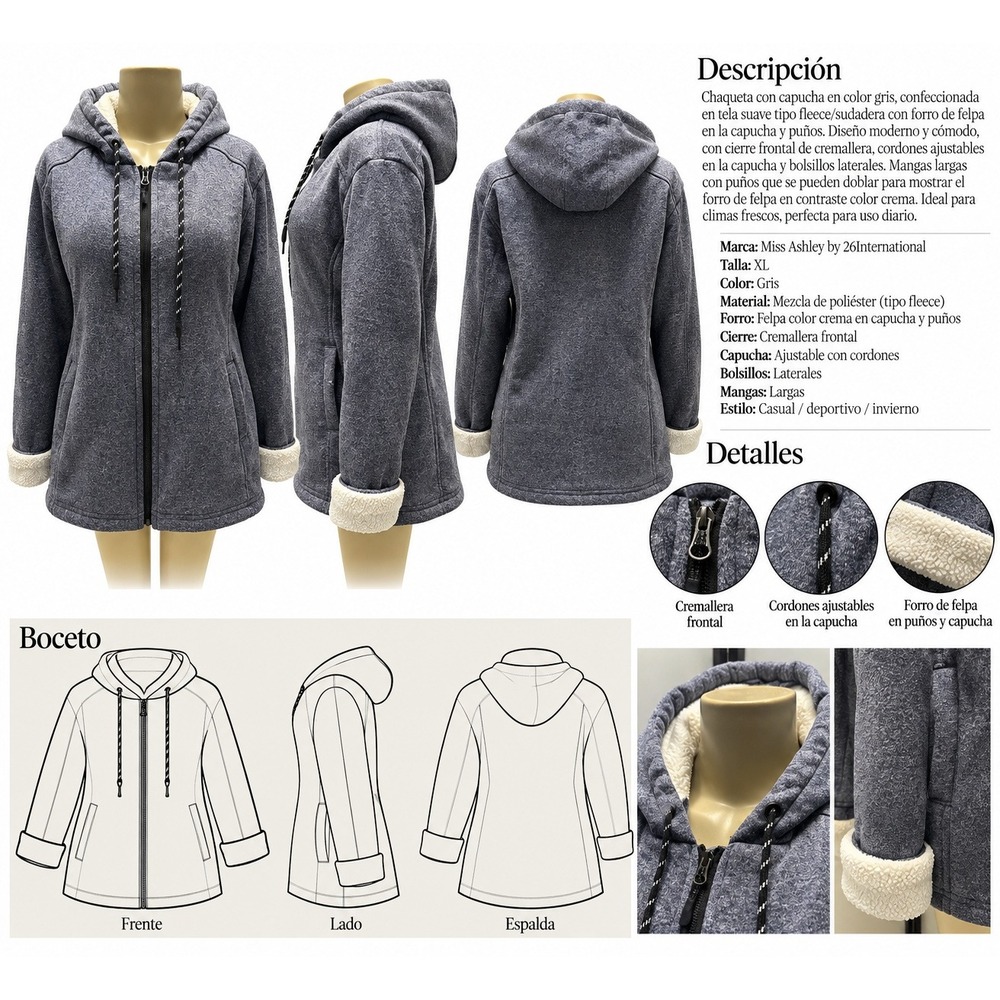Chaqueta de mujer en color gris confeccionada en tejido suave tipo polar